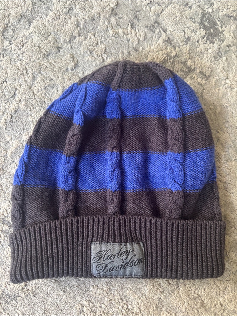 Harley-Davidson Blue and Brown Striped Cable Knit Beanie